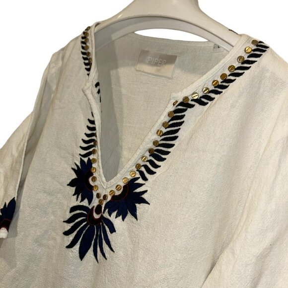 Piper by Townsen white navy blue red embroidered flowers tunic dress L - Picture 5 of 6